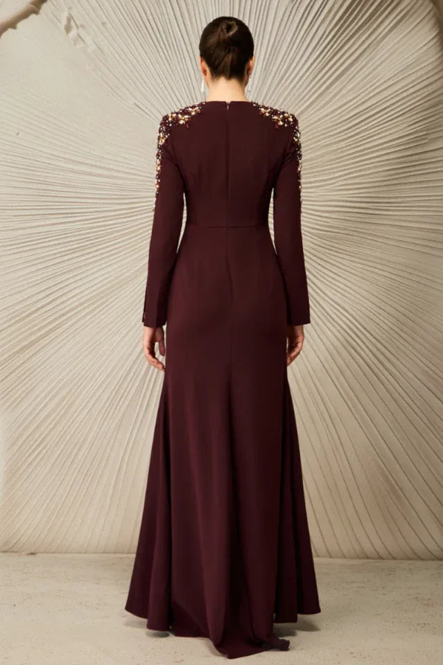 woman wearing an embellished V-neck maxi dress - View 7 | WEUXS