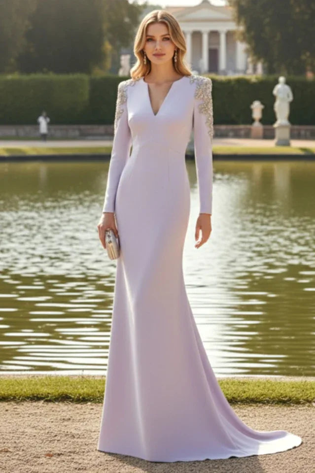 Embellished V-Neck Maxi Dress with long sleeves and crystal bead detailing - View 24 | WEUXS