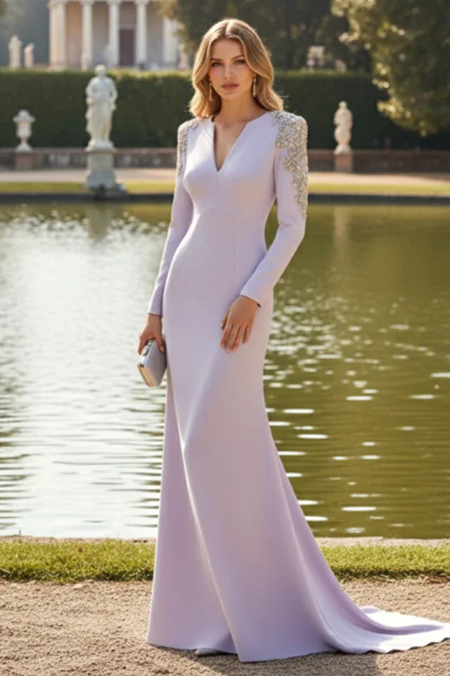 woman wearing an embellished V-neck maxi dress - View 25 | WEUXS