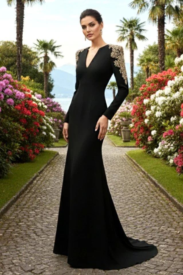 Embellished V-Neck Maxi Dress with long sleeves and crystal bead detailing - View 32 | WEUXS