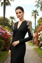 Embellished V-Neck Maxi Dress with long sleeves and crystal bead detailing - View 33 | WEUXS