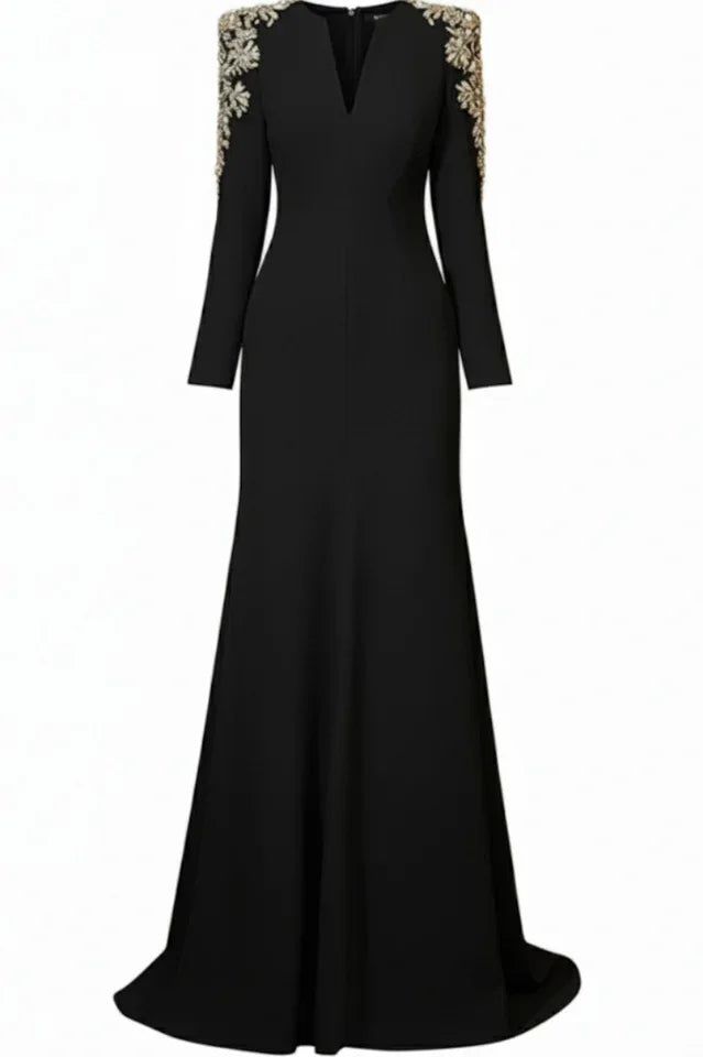 Embellished V-Neck Maxi Dress with long sleeves and crystal bead detailing - View 36 | WEUXS
