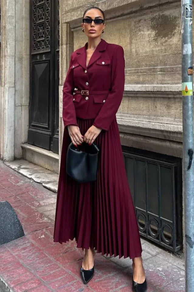 Belted Blazer Pleated Skirt Set Secondary image