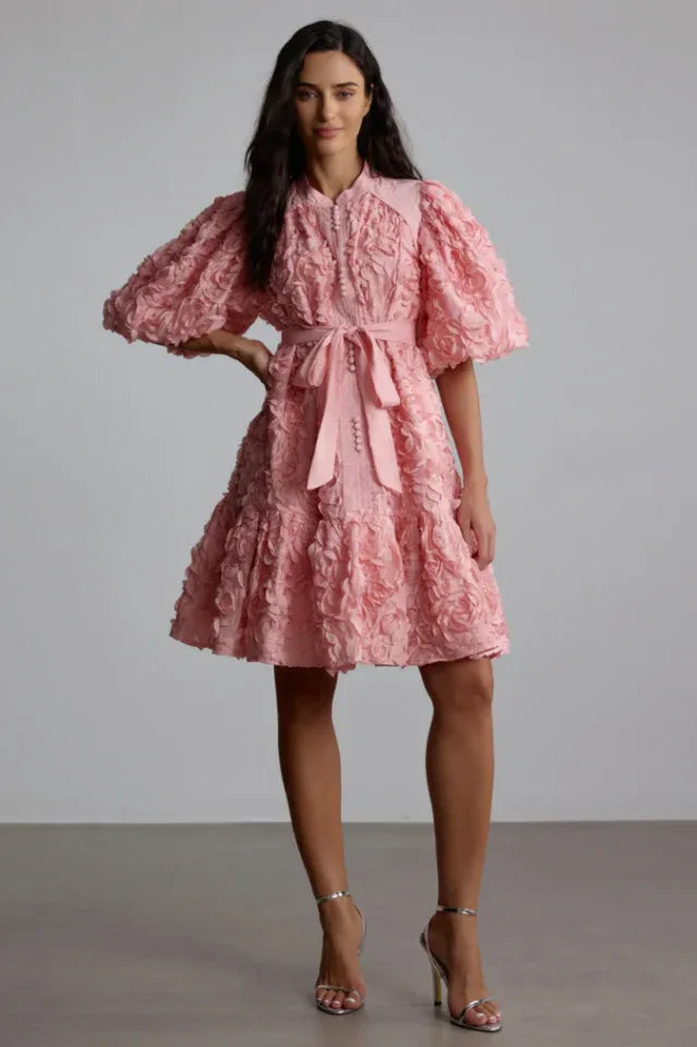 3D Floral Puff Sleeve Mini Dress Secondary image