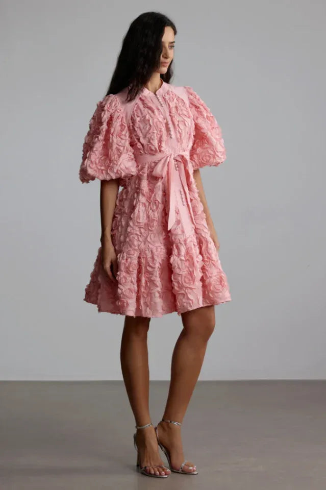 Woman posing in a pink textured floral mini dress