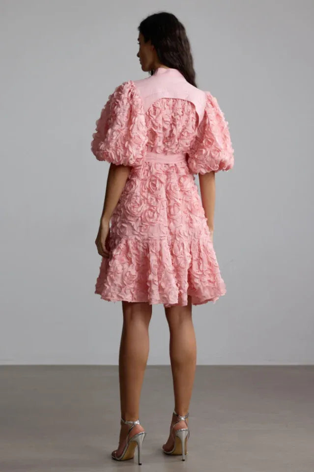 3D floral puff sleeve mini dress - View 6 | WEUXS