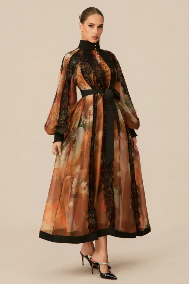 Abstract Print Midi Dress with Lace Trim Secondary image