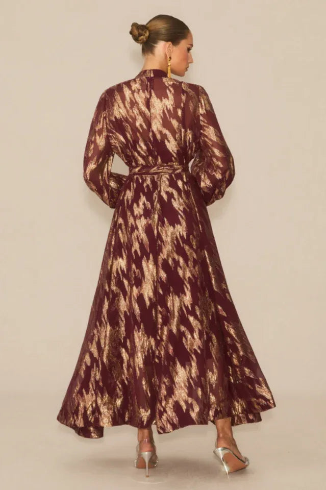 Aitana Metallic Print Maxi Dress with Belt - View 6 | WEUXS