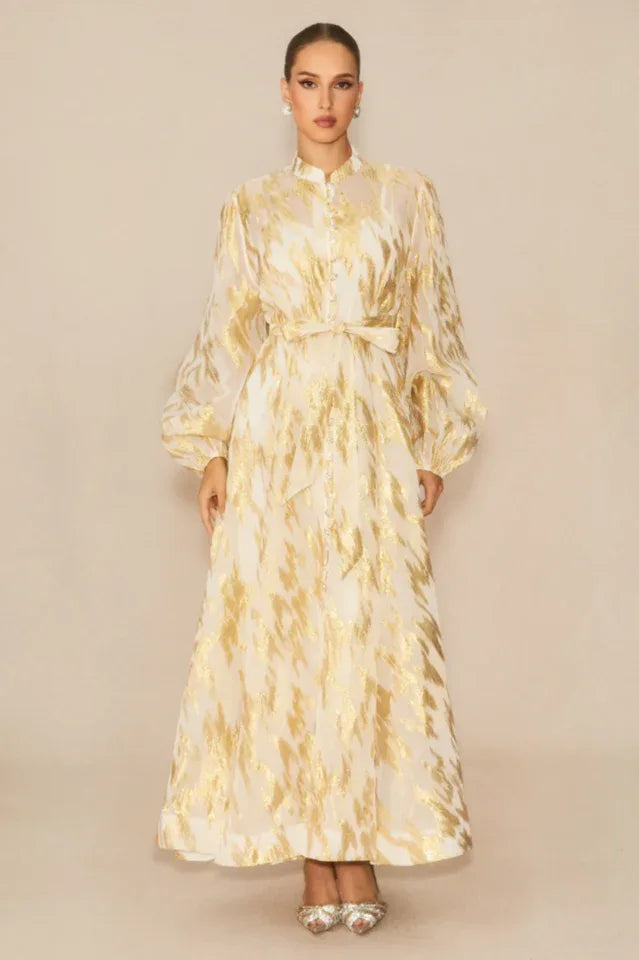 Aitana Metallic Print Maxi Dress with Belt - View 7 | WEUXS