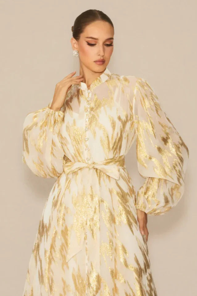 Aitana Metallic Print Maxi Dress with Belt - View 8 | WEUXS