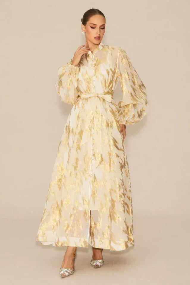 Aitana Metallic Print Maxi Dress with Belt - View 10 | WEUXS