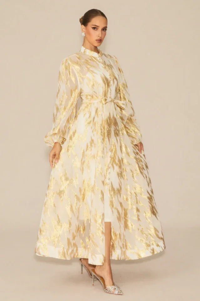 Aitana Metallic Print Maxi Dress with Belt - View 11 | WEUXS