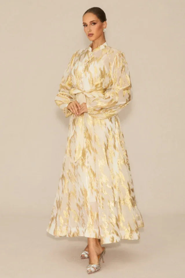 Aitana Metallic Print Maxi Dress with Belt - View 12 | WEUXS