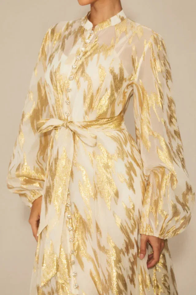 Aitana Metallic Print Maxi Dress with Belt - View 9 | WEUXS