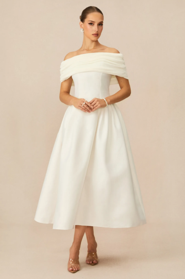 Vivian Off Shoulder Flare Satin Midi Dress