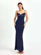 rhinestone beaded bustier mermaid bodycon dress#color_navy