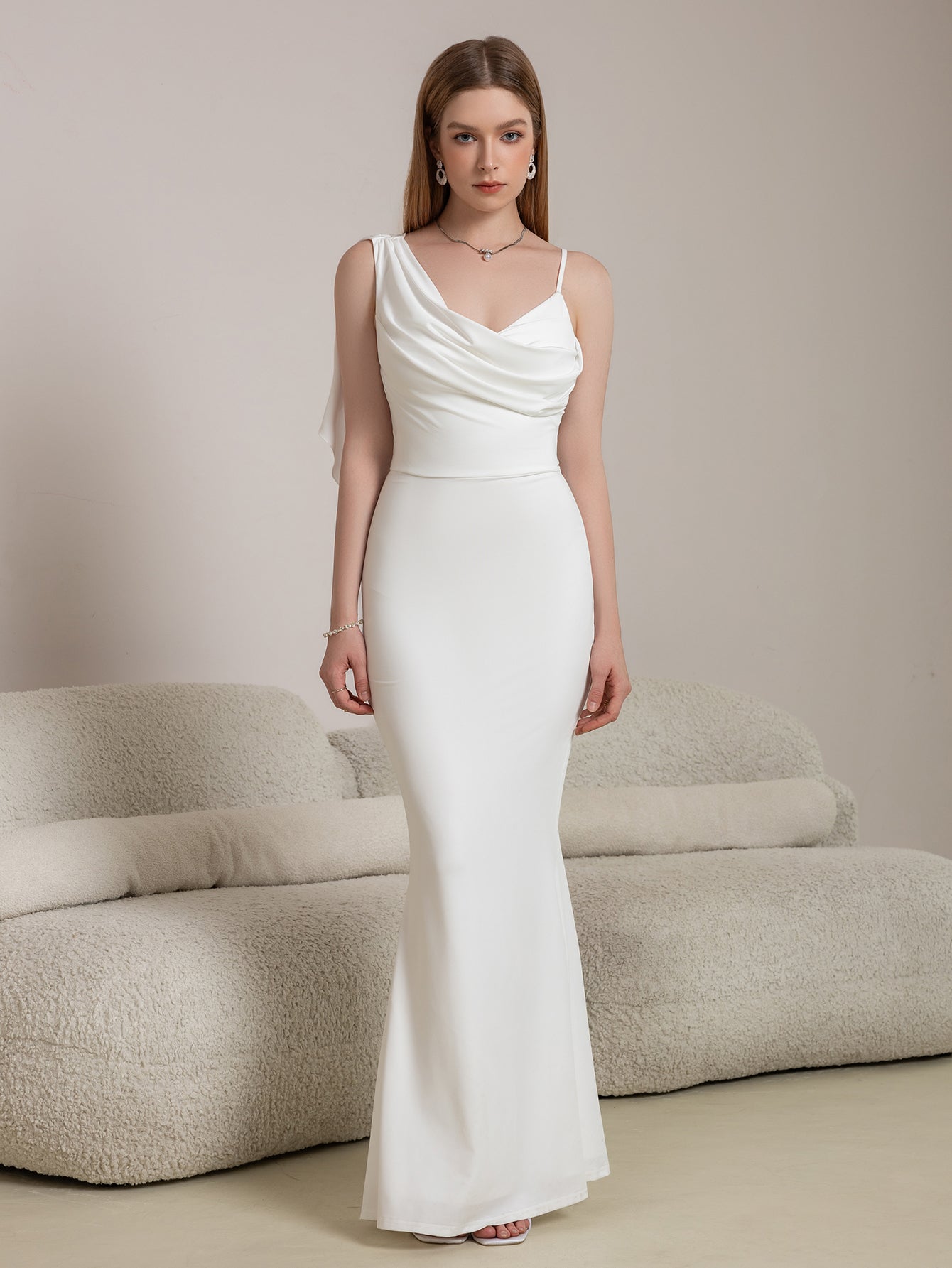 ruched mermaid hem ribbon trim prom dress#color_white