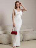 ribbon trim mermaid hem ruched prom dress#color_white