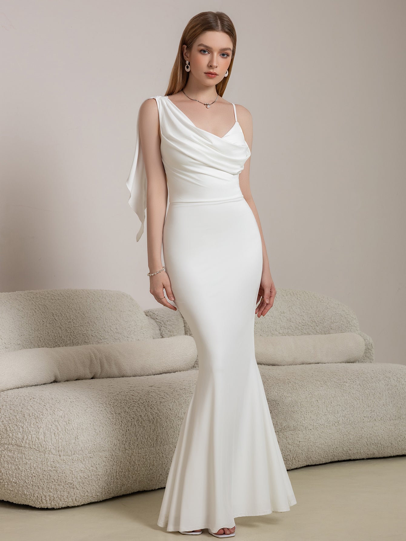 mermaid hem ribbon trim ruched prom dress#color_white