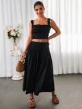Black cropped square neck top and flared maxi skirt set - View 6 | WEUXS