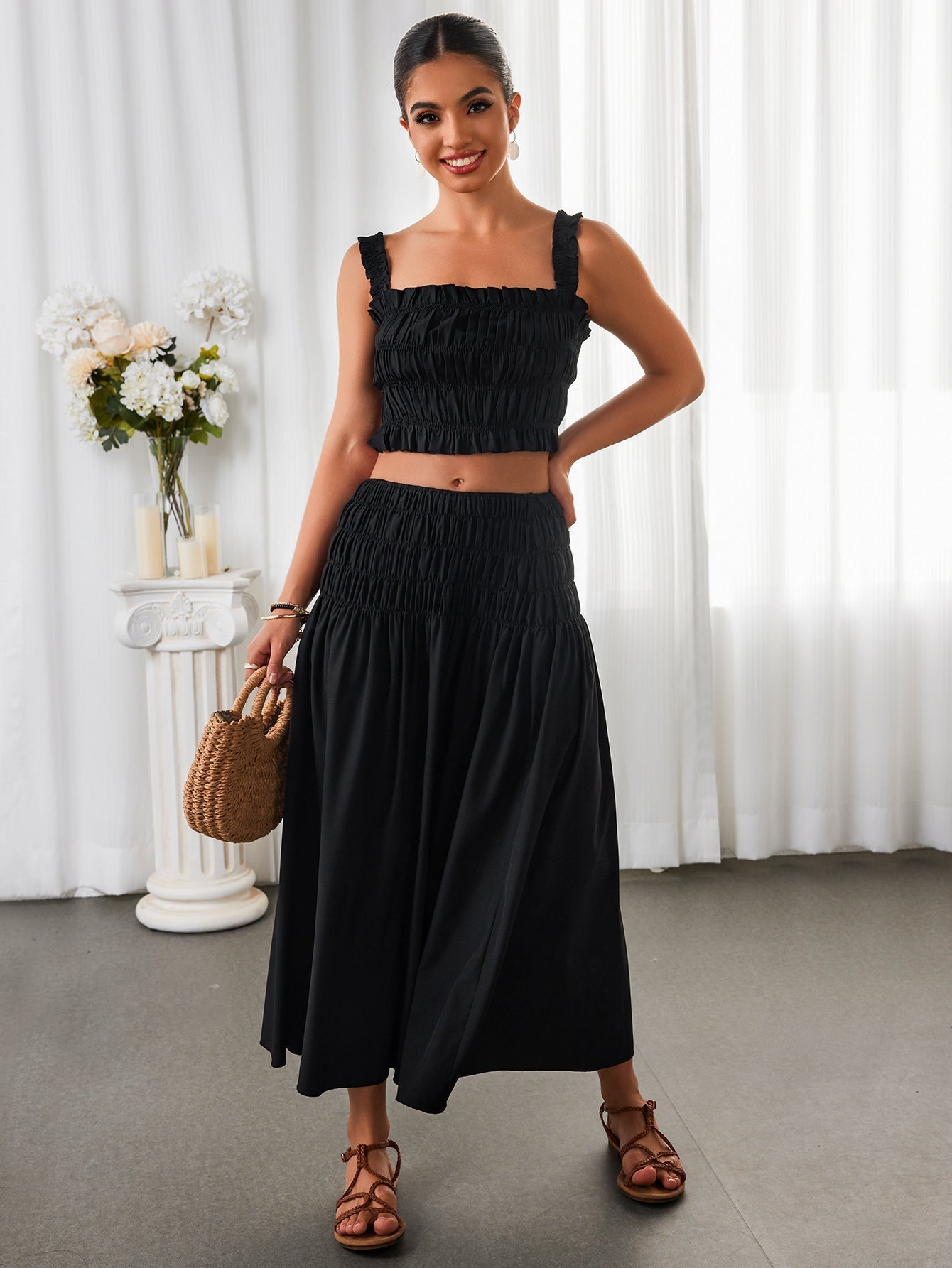 Black cropped square neck top and flared maxi skirt set - View 6 | WEUXS
