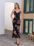 floral print backless ruched bodycon dress#color_black