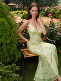 floral print backless ruched bodycon cami dress#color_greenf