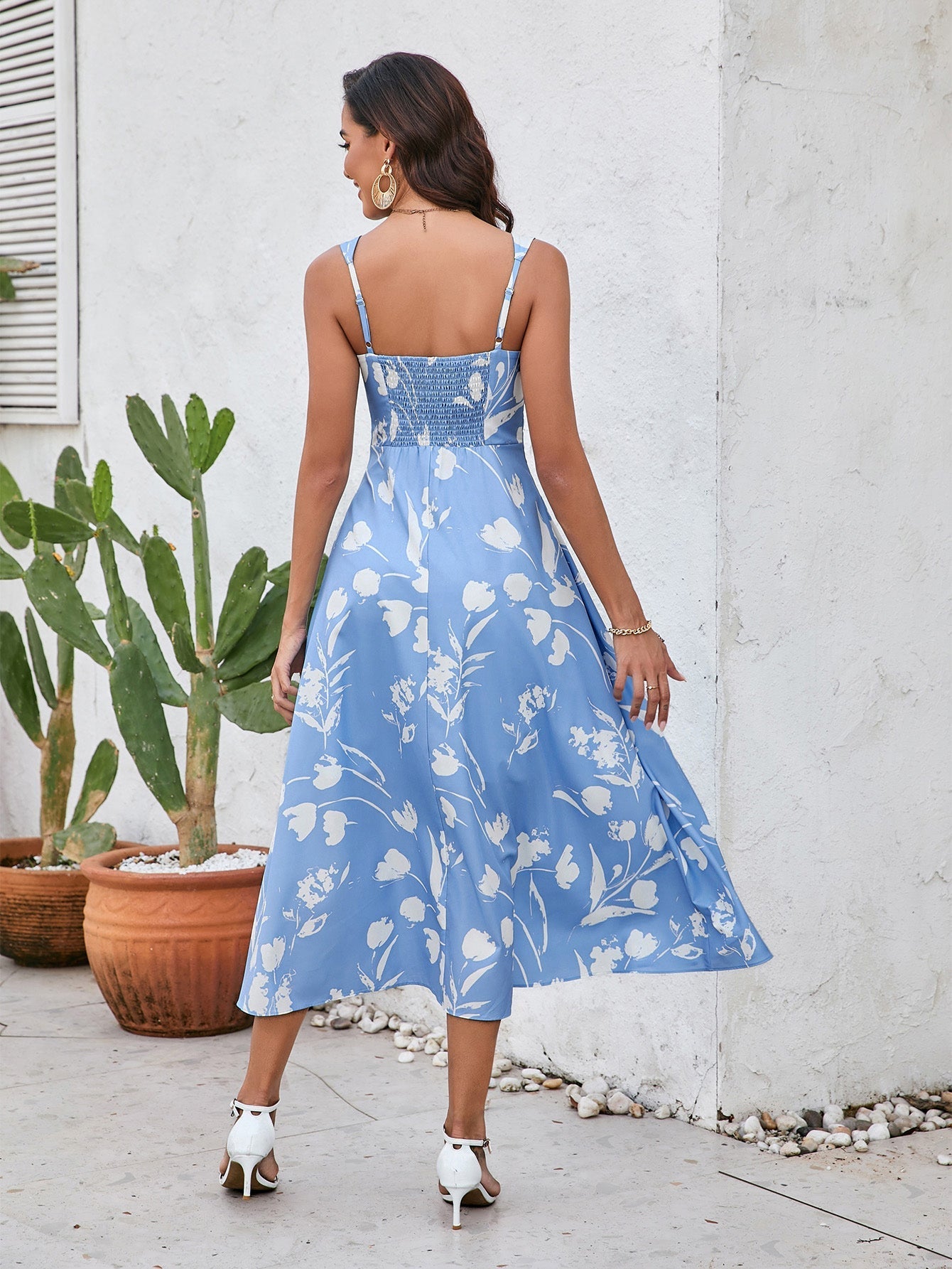 backless ruched floral print midi dress#color_blue