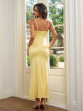 Ruched Zipper Back Backless Bodycon Maxi Dress#color_yellow