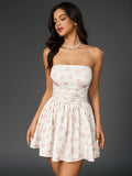 floral print bow tie back ruched tube dress#color_pf