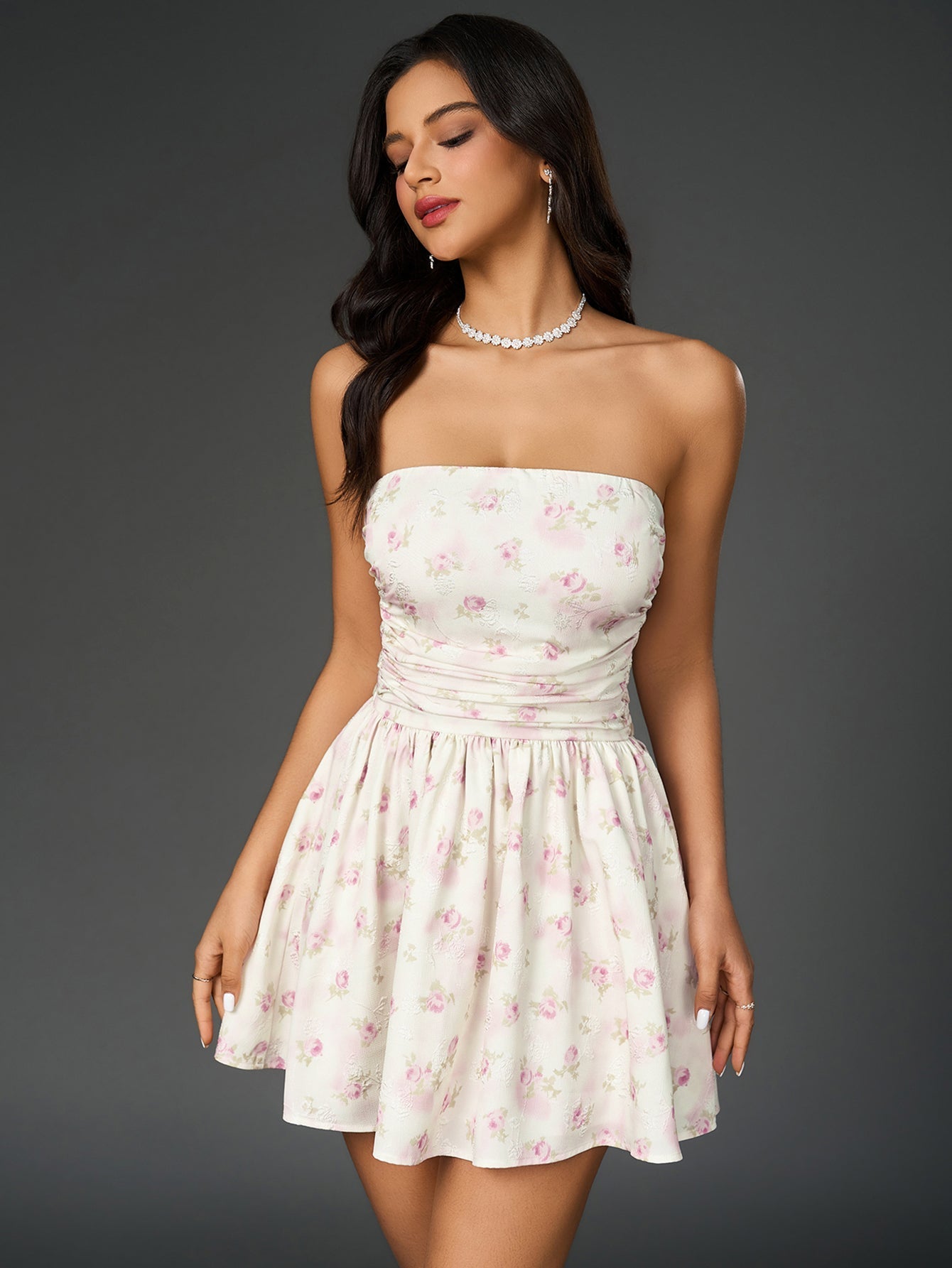floral print bow tie back ruched tube dress#color_pf
