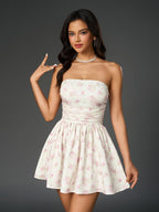 bow tie back floral print ruched tube dress#color_pf