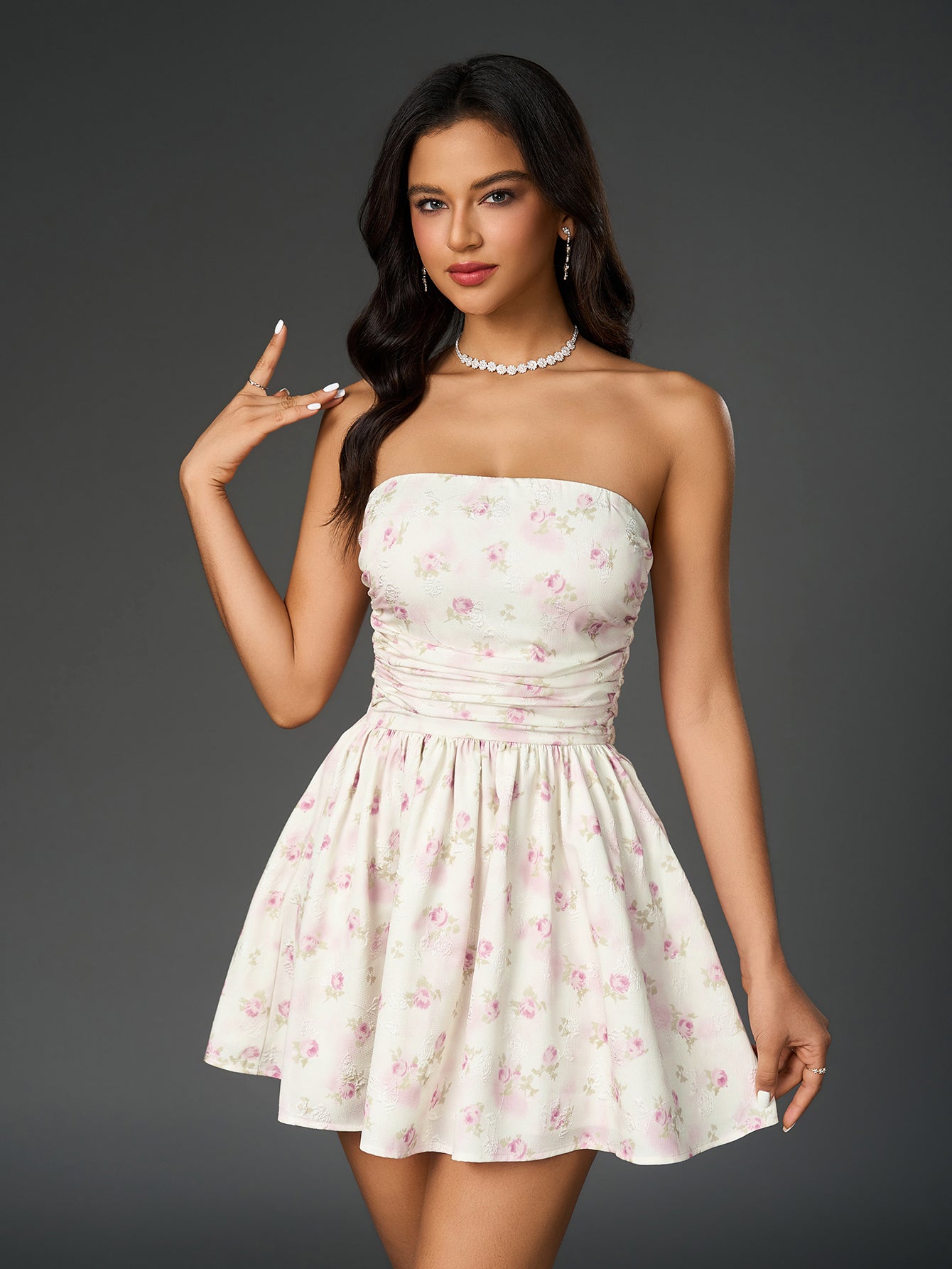 bow tie back floral print ruched tube dress#color_pf