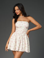 ruched floral print bow tie back tube dress#color_pf