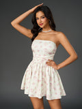 floral print ruched bow tie back tube dress#color_pf