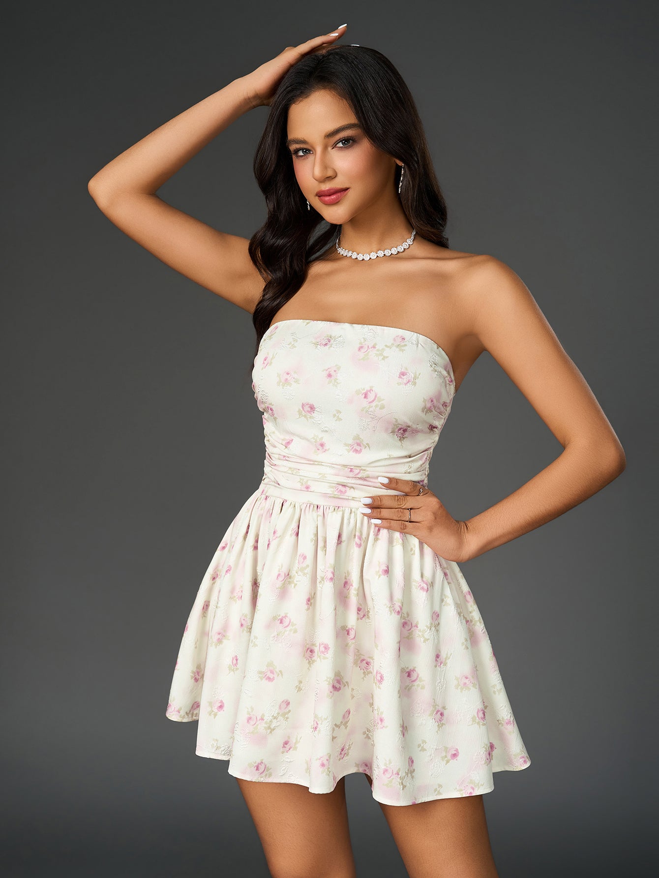 floral print ruched bow tie back tube dress#color_pf