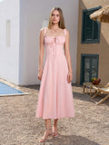 split hem ruched bust crisscross backless dress#color_pink