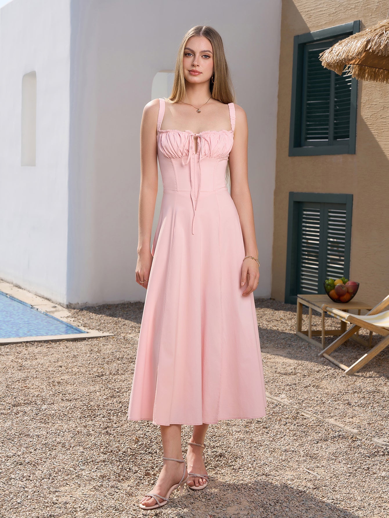 split hem ruched bust crisscross backless dress#color_pink