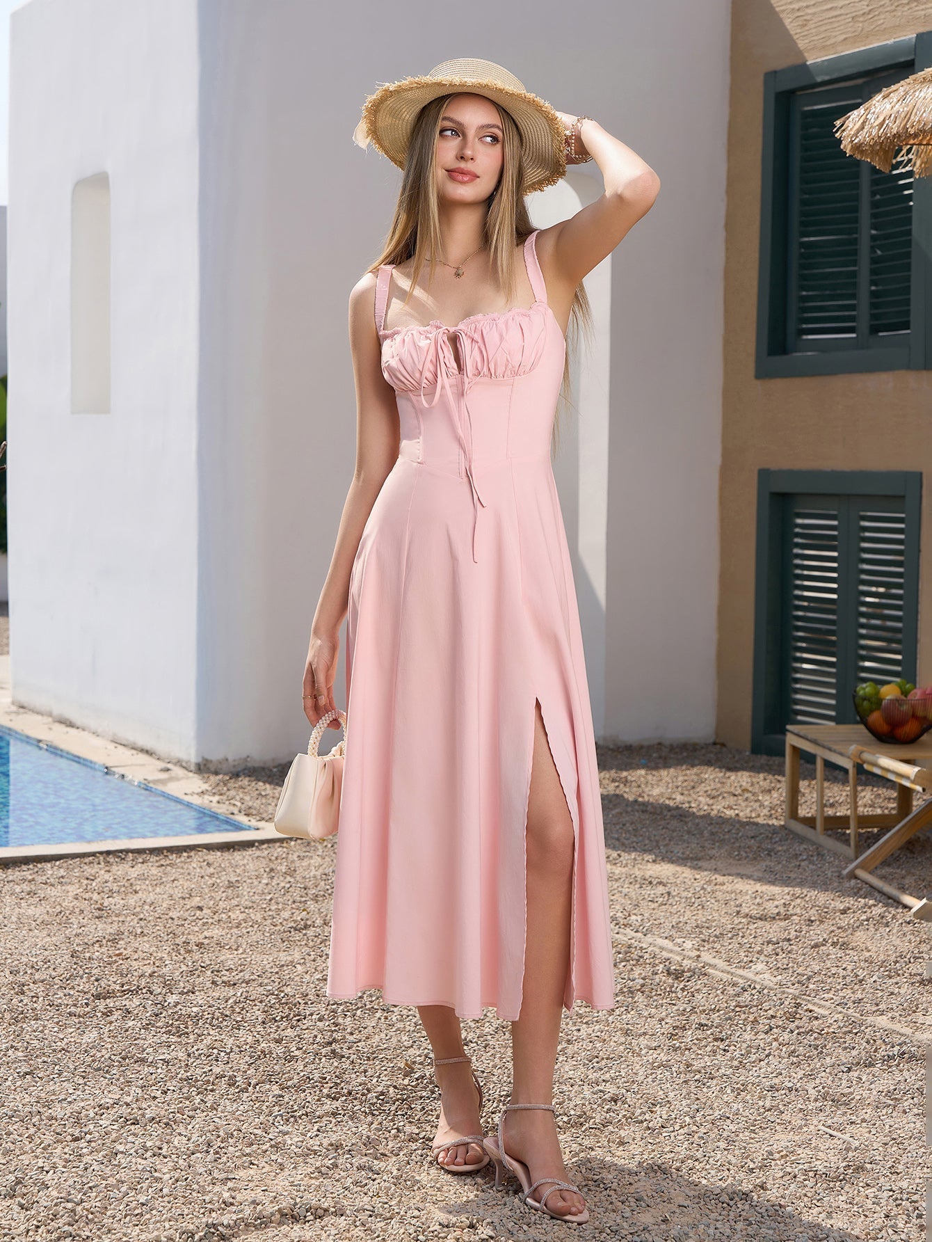 backless ruched bust split hem crisscross back dress#color_pink
