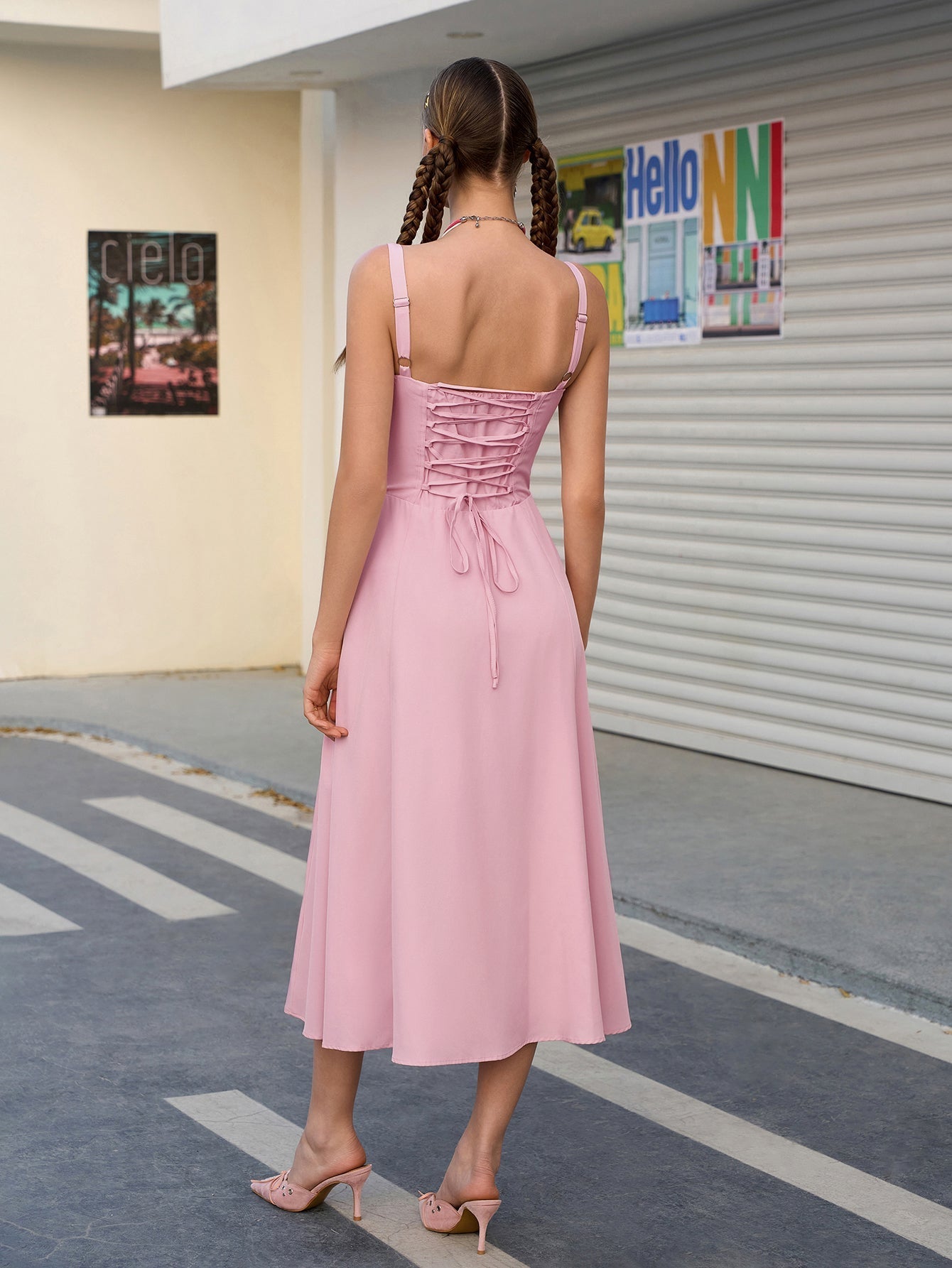 split thigh ruched bust cami dress#color_pink