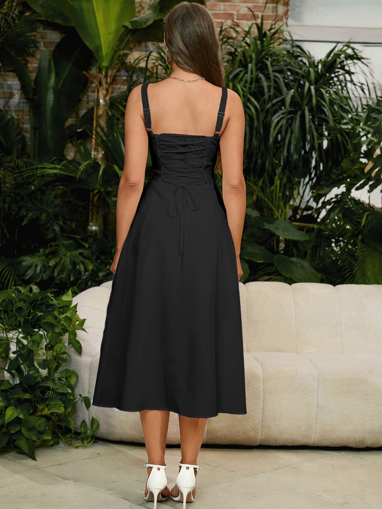 split thigh ruched bust cami dress#color_black
