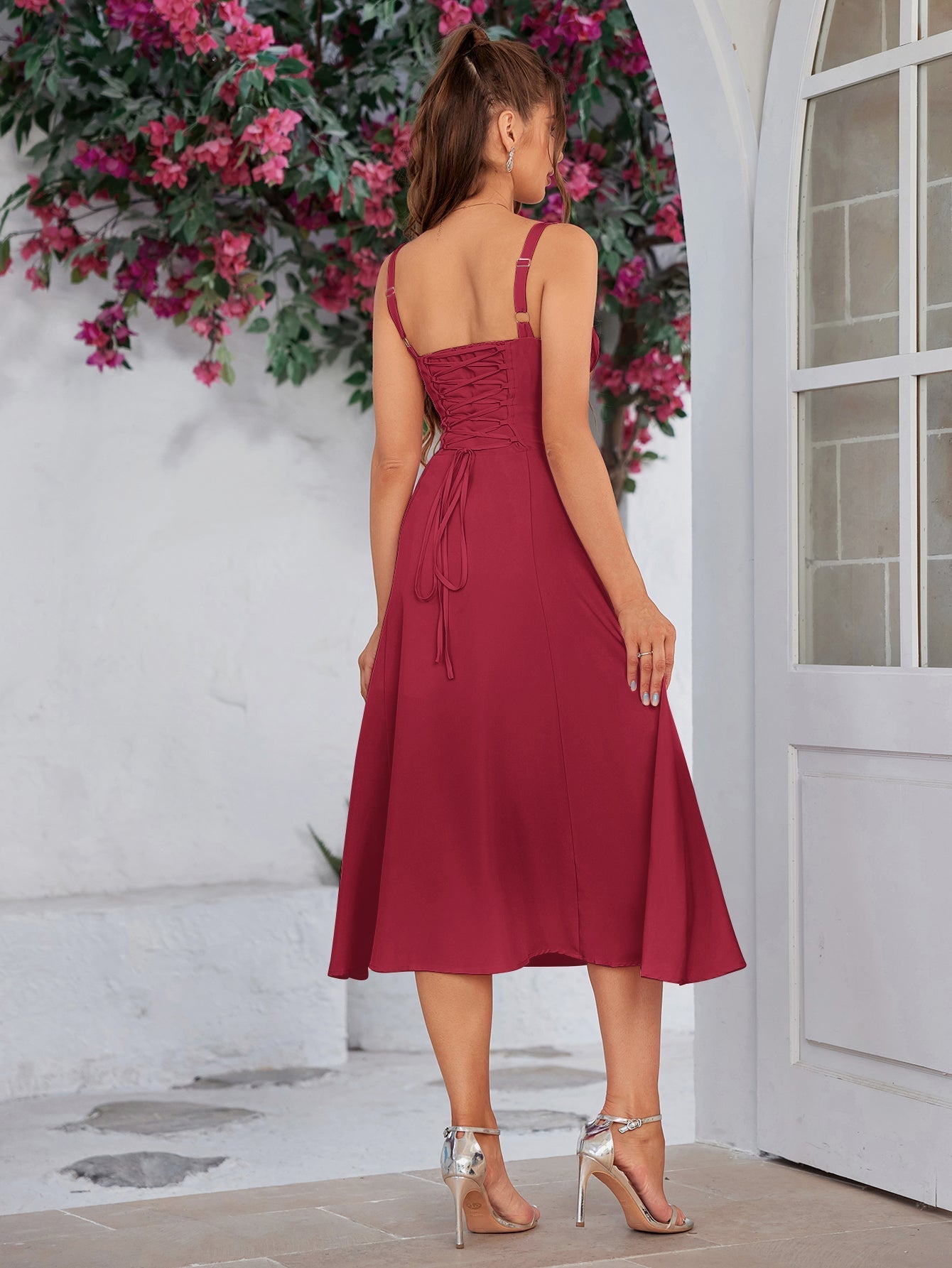 split thigh ruched bust cami dress#color_red