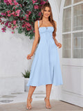 split thigh cami ruched bust dress#color_blue