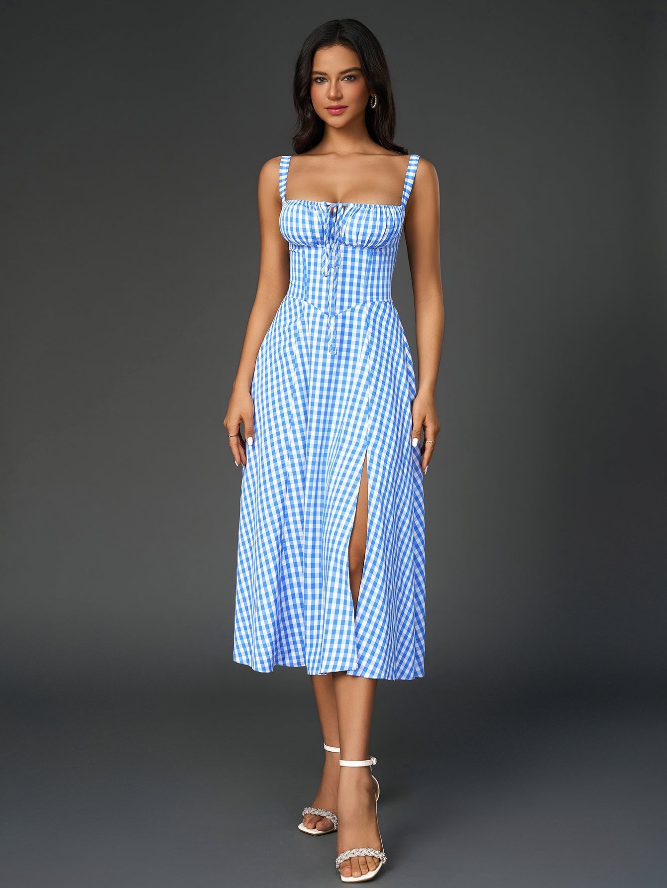 split thigh cami ruched bust dress#color_bluegrid