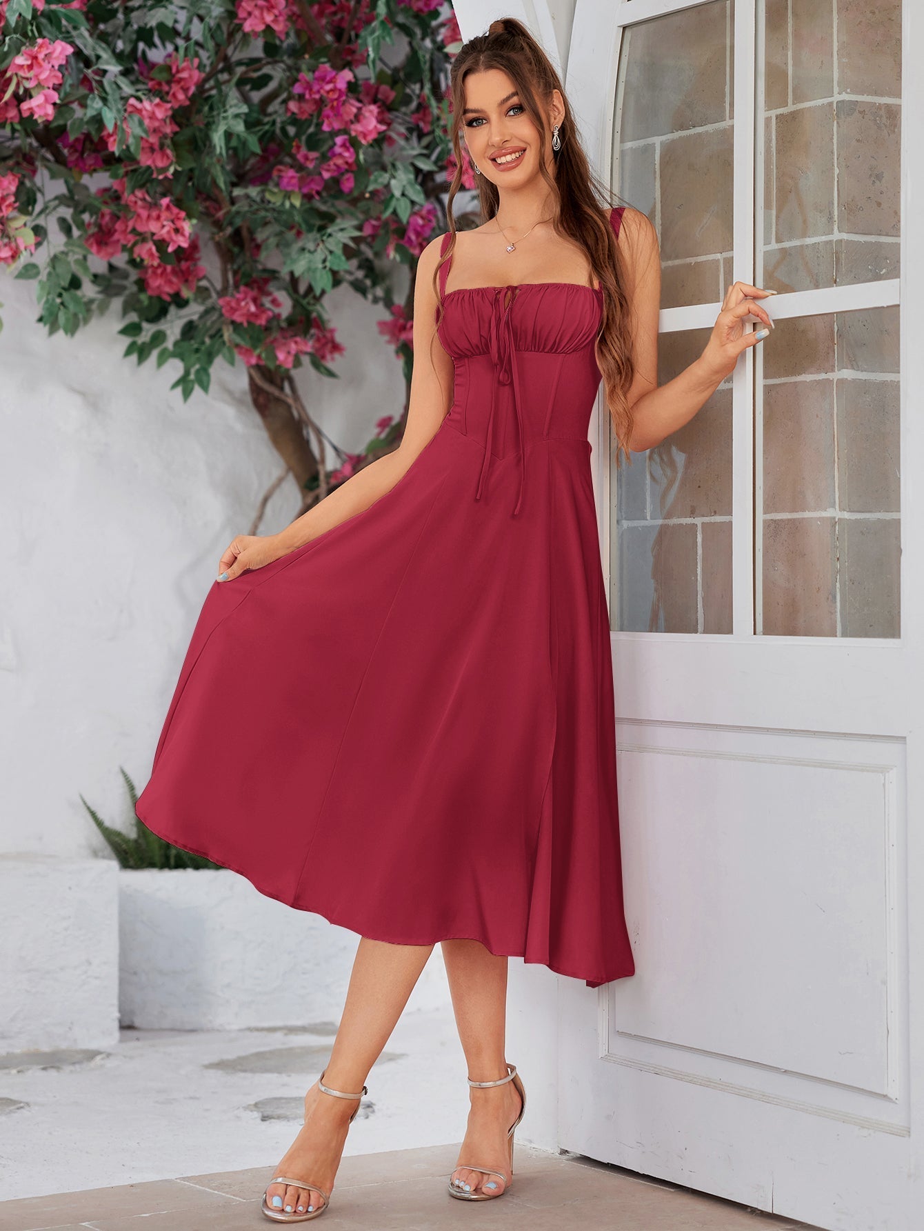 ruched bust split thigh cami dress#color_red
