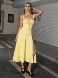 ruched bust cami split thigh dress#color_yellow