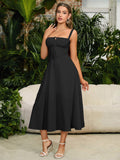 ruched bust cami split thigh dress#color_black