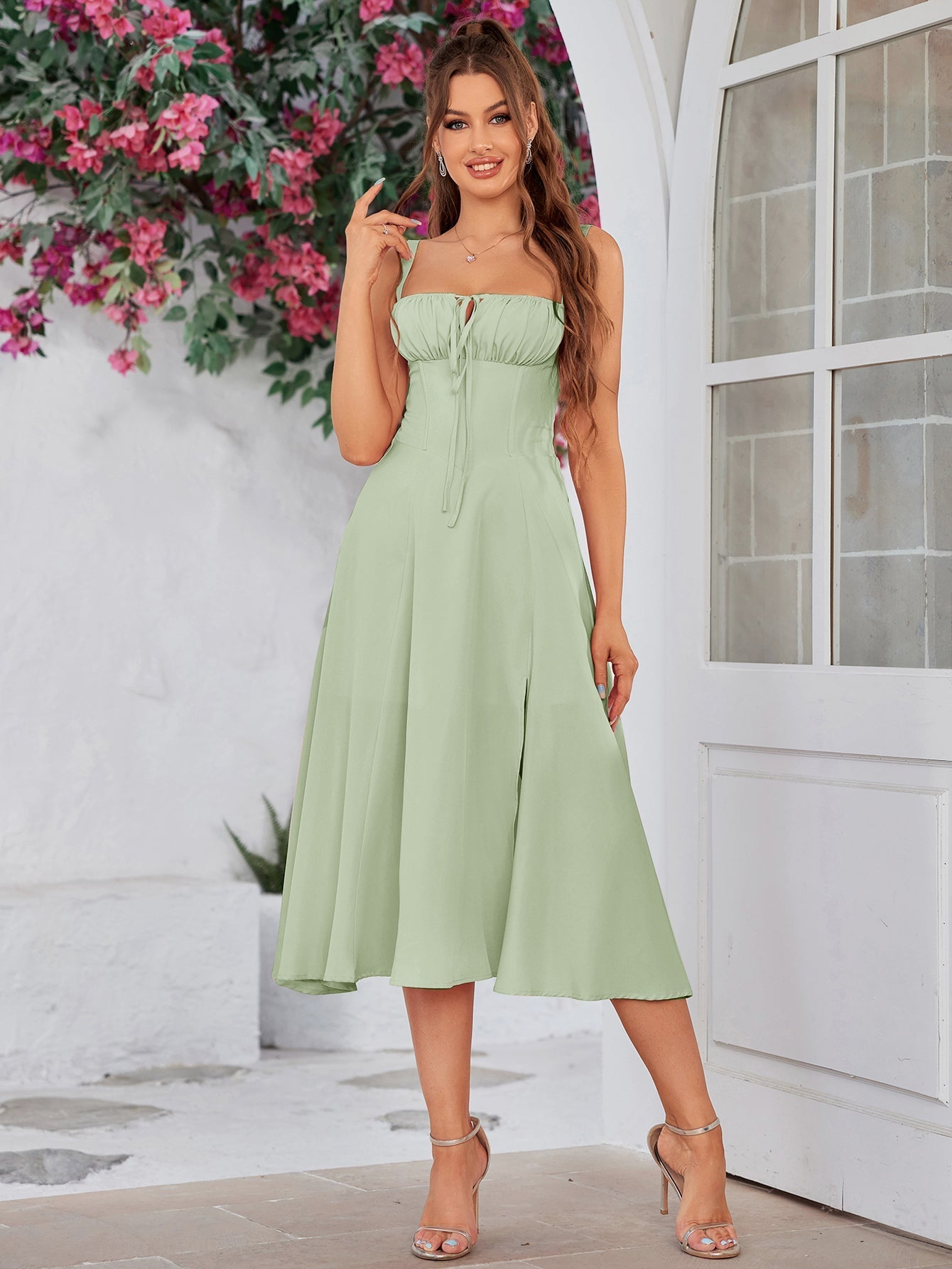 Midi dress with ruched bust and split thigh - View 58 | WEUXS