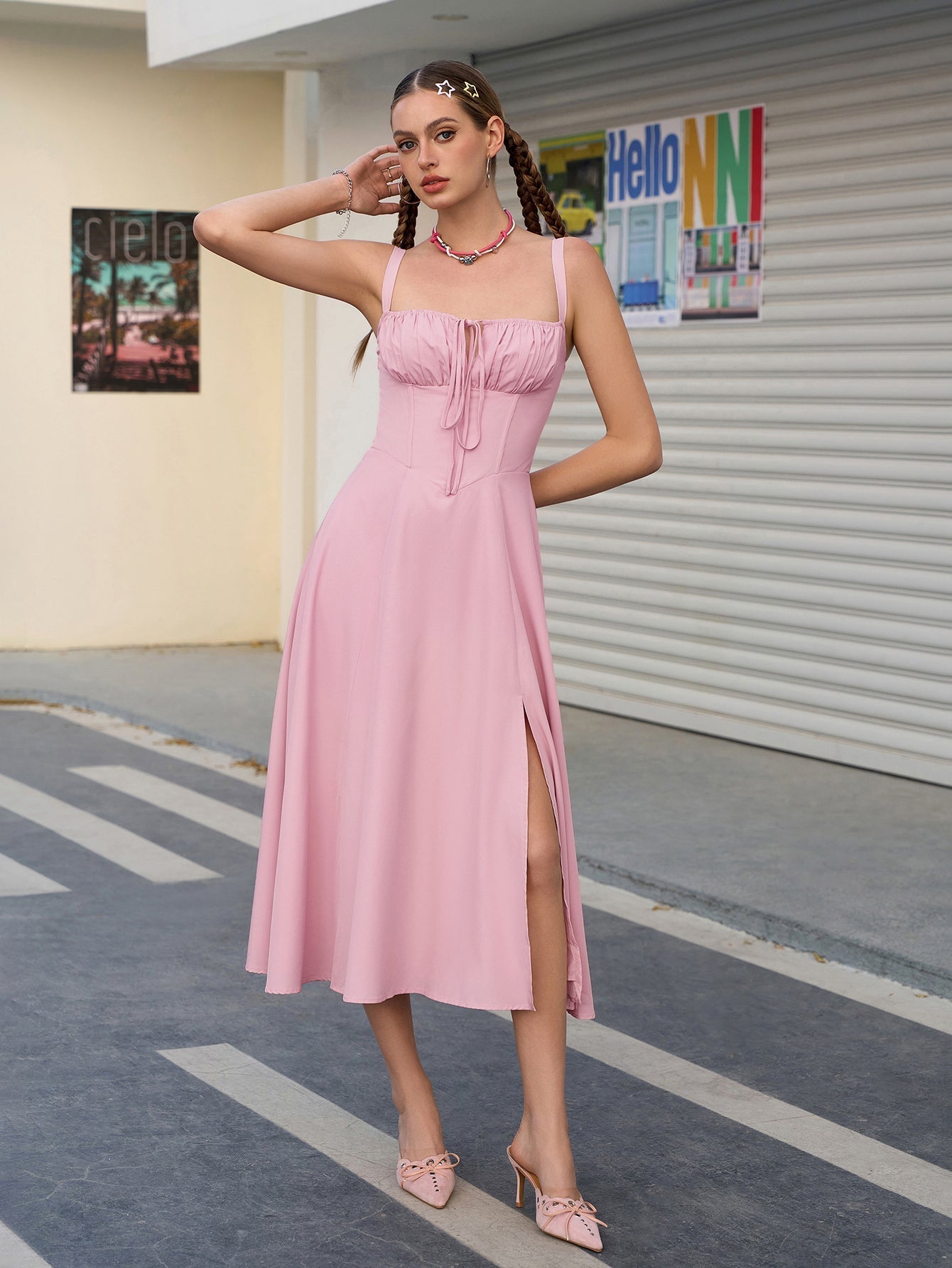 cami ruched bust split thigh dress#color_pink