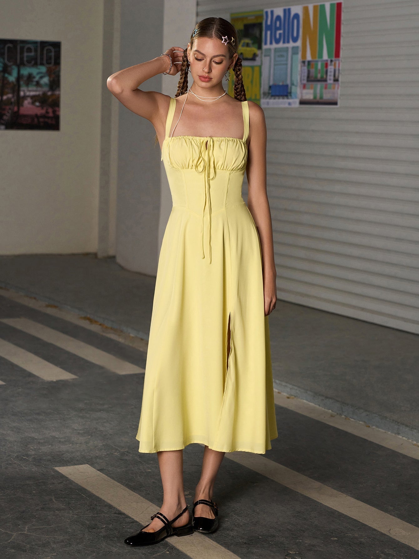 cami ruched bust split thigh dress#color_yellow